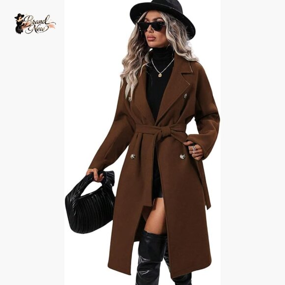 Long Wool Pea Coat Notched Lapel Double Breasted Trench Overcoat
